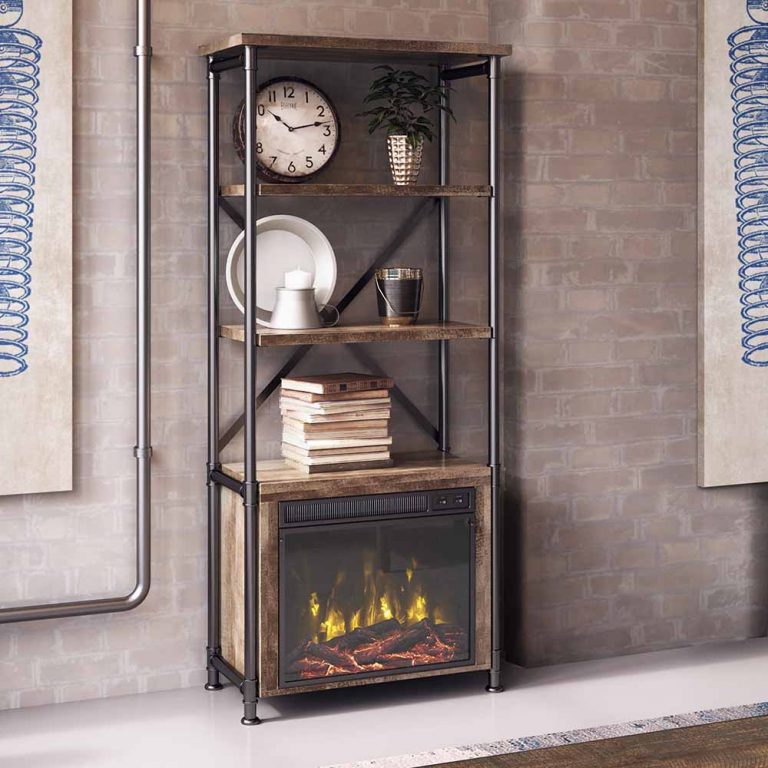 An industrial bookshelf with built in fireplace stands against a brick wall in a loft